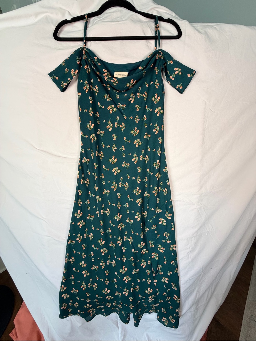 The General Good Green Floral Cold Shoulder Midi Dress Cottagecore M